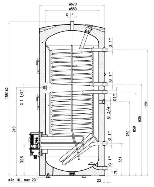 Габариты и выходы на подключения бойлера косвенного нагрева Drazice OKC 300 NTRR/BP