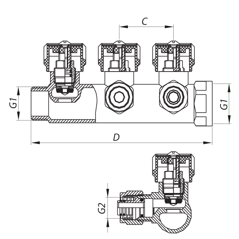 Колектор вентильний з фитингом KOER KR.1122-4 3/4"x4 WAYS (KR2655) розміри мал.1
